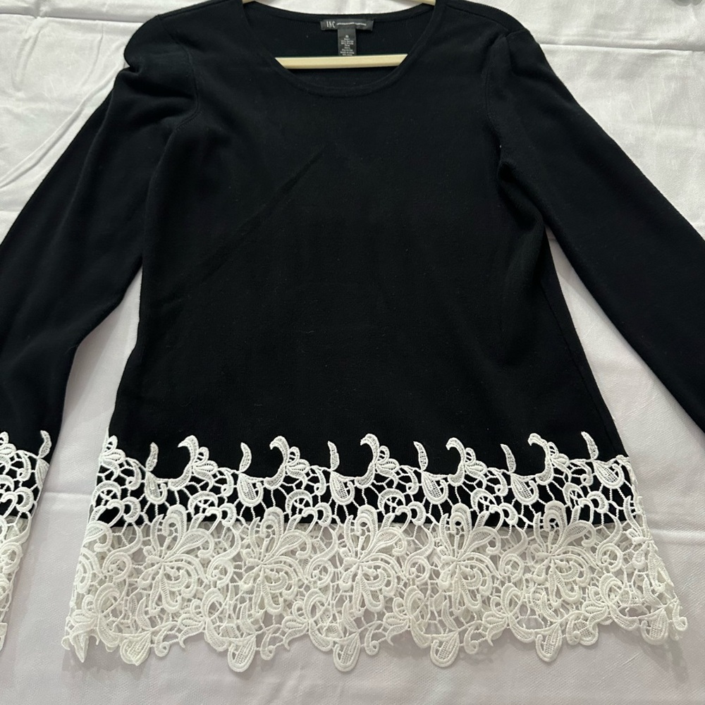 INC International Concepts Black Top with White Lace Hem